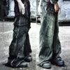 Y2K Tassel Jeans Mens Black Grey Washed Jeans Gothic Style Street Trend Teen Clotho Retro Loose Wide Leg Pants 240313