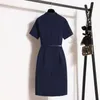 Summer Slim Professional Work Pencil Dress Elegant Womens Belt Bow Navy el Jewelry Shop Club Korean Style Clothing 240313