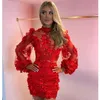 2024 vermelho escuro sexy curto cocktail vestidos de alta pescoço renda cristal frisado 3d flores florais bainha curto mini duas peças vestidos de festa de baile vestido de baile mangas compridas