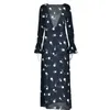 Casual Dresses Korean Fashion Retro Spring Printed Backless Swing Collar Dress Sexig Girl Bell Sleeve Split Long
