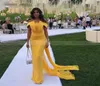 2020 bainha elegante longo sereia ouro amarelo vestidos de noite com trem fora do ombro árabe mulheres celebridade vestidos formais dubai pro5664026