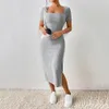 Zomer Heupbedekkende Split Jurk Elegante Vierkante Hals Gebreide Midi Voor Vrouwen Effen Kleur Split Zoom Party Woon-werkverkeer 240312