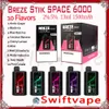 100% oryginalne Breeze STIIK Vapes Space 6000 Puff Prime Do jednorazowe wskaźnik 5 LED Wskaźnik baterii 1500 mAh Brak ładowania 6K Puchy Puchy 13 ml prefilled ejuice