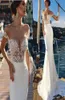 2019 Nya A Line Summer Wedding Dresses Elegant Sheer spetsar från axlar rygglösa applikationer Ruched Sweep Train Satin Bride Wedding G4762984
