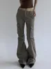 Weekeep Vintage gris Cargo pantalon grandes poches cousu taille basse femmes pantalons décontractés y2k Grunge pantalon dames Streetwear Capris 240309