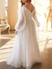 Elegant Long Sleeve Ivory Organza Garden Wedding Dresses A-Line Plus Size Pleated V-Neck Floor Length Zipper Back Bridal Gowns for Women