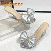 Dress Shoes New High Heels Summer Slippers Fashion Elegant Party Transparent Women Satin Big Bow Wedge Sandals 8CM Pink Pumps Size 43 H240321