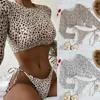 Roupa de banho feminina moda leopardo impressão rendas maiô sexy biquíni conjunto de três peças com almofada no peito banhista natação senhora