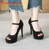 Klänningskor Kvinnor Summer Suede Office Pumps Square Head Black Party Female Peep Toe Platform High Heels 12cm Buckle Strap Design H240325