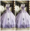 New Luxury Lilac Quinceanera Ball Gown Dresses Illusion Lace Appliqus Tulle Hollow Back Sleeveless Floor Length Party Prom Evening1685375