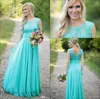 2020 New Teal Country Bridesmaid Dresses Scoop A Line Chiffon Lace V Backless Long Cheap Bridesmaids Dresses for Wedding BA15135255624