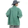 Hip Hop Distressed Denim Jacket Men Vintage Harajuku Patchwork Cowboy Coats Streetwear Casual Loose Varsity Jackets Unisex Green 240323