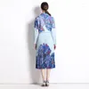 Work Dresses Elegant Blue Printing Two Piece Set For Women's Bow Lace Up Long Sleeve Shirt Designer Pleats Midi Skirt Suit Lady Fall Outfits