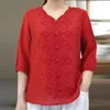女性用ブラウスVネックTシャツビンテージシャツ刺繍花パターン /4つのスリーブプルオーバートップストリートウェアスタイル