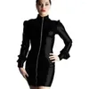 Casual Jurken Wetlook PVC Lakleer Vrouwen Glanzende Lantaarn Mouw Bodycon Jurk Sexy Coltrui Mini Clubwear Slanke Vestidos Party 7XL