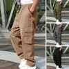 Мужские брюки-карго, с несколькими карманами, на шнурке, с эластичной резинкой на талии, повседневные однотонные широкие брюки, прямые длинные брюки полной длины
