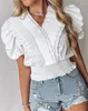 Dames T-shirts Elegant Basic T-shirts voor dames 2024 Lente Zomer Mode Lange mouwen Effen Kleur Slanke V-hals Gesmokt Top met ruches Blouses