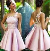 Sexig fantastisk rosa rena nät hemkomstklänningar topp satin spets applikation förstör en linje prinsessa kort prom party examen klänningar9411360