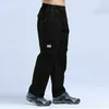 Calças masculinas cor sólida confortável perna larga com cintura elástica vários bolsos tecido respirável para streetwear casual