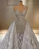 Abito da sposa donna di lusso Collo trasparente senza maniche Abiti da sposa Paillettes Piuma Abito staccabile su misura Abiti da sposa