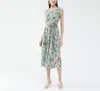 Casual Dresses Fashion Floral Pleated Women's 2024 Summer High midja bunden ärmlös A-Line Mid-Längd Dress V-hals Skärmmodeller