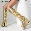 Bottes à talons hauts bottes Métalliques Gold Mid Calf talons hauts Double Platform Shoes Sexy Rome Luxury Designer Party Boots Nightclub