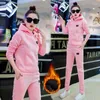 Calças femininas de duas peças coreano com capuz moletom tracksuit mais veludo jogging calça terno mulheres roupa outono inverno conjunto femme quente casual