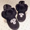 Boots Black Cow Suede Women Ankle Handmade Rhinestones Real Rabbit Fur Sweet Ladies Snow Thicken Plush Warm Winter Shoes