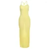 Casual Dresses HGTE Summer Puss Backless Halter Dress Women Cross Bandage Sleeveless Sexy Elegant Skinny Stretch Wedding Maxi Bodycon