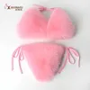 Women Sexy Bikini Swimsuit Faxu Fur Summer Swimwear Bathing Tie-up Adjustable Bra Cute Girls Furry Underwear 2 Piece Set