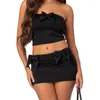 Werkjurken Puloru Vintage Zomer Zwart 2-delige sets Dames Boog Decor Off-shoulder Cropped Tube Tops Elastische taille Minirok Feest Clubwear