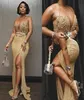 2020 Sexy Aso Ebi Arabic Gold Sequined Lace Mermaid Prom Dresses Jewel Neck Sheer Crystal Split Sequins Formal Evening Gowns Party1044451