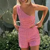 Kvinnors spårsättningar Summer Matching Set Lounge Streetwear Women Plaid 2 Piece Outfits Y2K Vintage One Shoulder Crop Tank Topps Hög midja