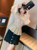 Vestidos de trabalho em torno do pescoço lantejoulas plissado bainha manga alargada camisa versátil roupa feminina 2024 primavera