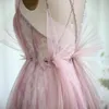 Runway Dresses Luxury Pink Floral Tulle Long aftonklänning 2024 Spaghetti Stems Backless Formal Prom for Women Födelsedagsbröllopsfest