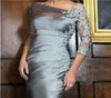 2020 New Distinctive Silver Sheath Mother of the Bride Dresses Offshoulder Lace 34 Long Sleeves Short Kneelength evening Gowns 2382487