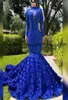 2020 Royal Blue real Mermaid Prom Dresses Sparkly lace sequin high neck 3d flower lace African Cheap long sleeves Formal Evening P7626678