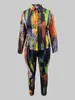 LW Plus Size Tie Dye Regular Fit Pants Set Shirt Collar Gradient Print Mönster Två bit outfit Casual Matching Suit for Women 240315