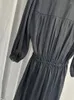 Casual Dresses 2024 Autumn Women Deep V Pleated Robes Black Satin Fashion Long Sleeve Female Elastic Waist Midi Dress