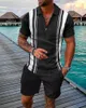 Men's Tracksuits Summer Trend Plaid Stripes Print Tracksuit Casual Zipper Collar Polo Shirt And Shorts 2pcs Sets Man Clothing Streetwear