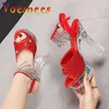 Dress Shoes Summer Sexy 14CM Thick Heel New Transparent Platform Party Woman Shoe Bling Sequin Cloth Diamond Tassels Sandals For Women H24032505