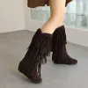 Boots 2024 Fashion Ethnic Woman Bohemian Flock Tassle Hidden Moccasin MidCalf Boots Fringe Female Slip On Shoes Autumn Winter New