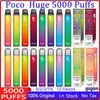 Puff 5k POCO Huge 5000 Puffs Одноразовые электронные сигареты Vape 0% 2% 5% 1,2 Ом сетчатая катушка 15 мл предварительно заполненная сетчатая катушка для капсул 950 мАч Перезаряжаемая батарея Vaper Pen