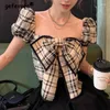 Blouses Femmes Femmes Tendance Vintage Plaid Imprimer Bow Sexy Crop Tops 2024 Été Doux Chic Slim Chemises Casual Col Carré À Manches Courtes