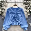 Kvinnors blusar Chic Womens Ruffles Tops and Puff Long Sleeve V-Neck Blouse For Women Hollow Out Elegant Korean Fashion Dropship