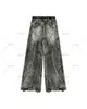 Y2K Destroyed Stitching Jeans Mens Black Washed Jeans Gothic Style Street Trend Clothing Retro Loose Wide Leg Pants Fall Guys 240313