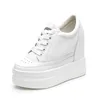 Casual Shoes Women Autumn Leather 11cm Hidden Wedge Sneakers Platform High Heels Female Footwear White Woman Trainers