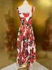 Womens Dress European Fashion brand Cotton red sea anemone floral printed gathered waist slip mid dress