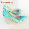 Dress Shoes Spring New Silver Rivet High Heels Shoe 10CM Blue Pointed Toe Pumps 2023 Fashion Thin Heel Womens Single Trend Punk Style7HVE H240321