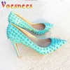 Kleidschuhe Frühling Neue Silberniet High Heels Schuh 10 cm Blaue spitze Zehenpumpen 2023 Mode Dünne Ferse Damen Single Trend Punk Style7HVE H240321